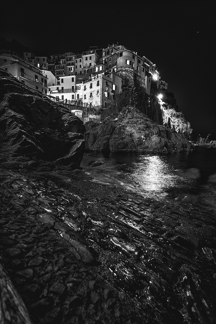 Cold night Manarola Cinque Terre Italy black and white